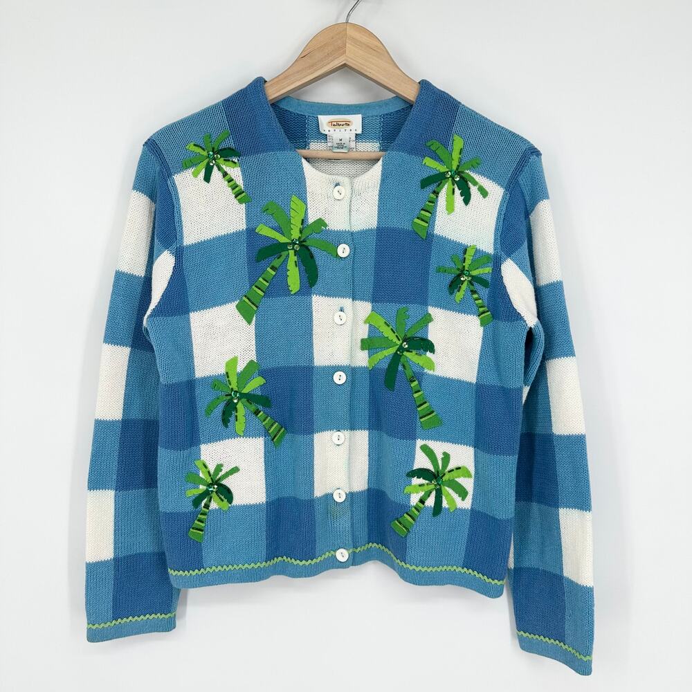 Talbots Vintage 90's Palm Tree Beaded Cardigan Gingham Plaid Novelty Sweater